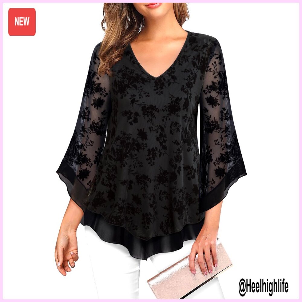 Mesh Blouse With Ruffle 3/4 Flared Sleeves, V-Neck Tunic Top